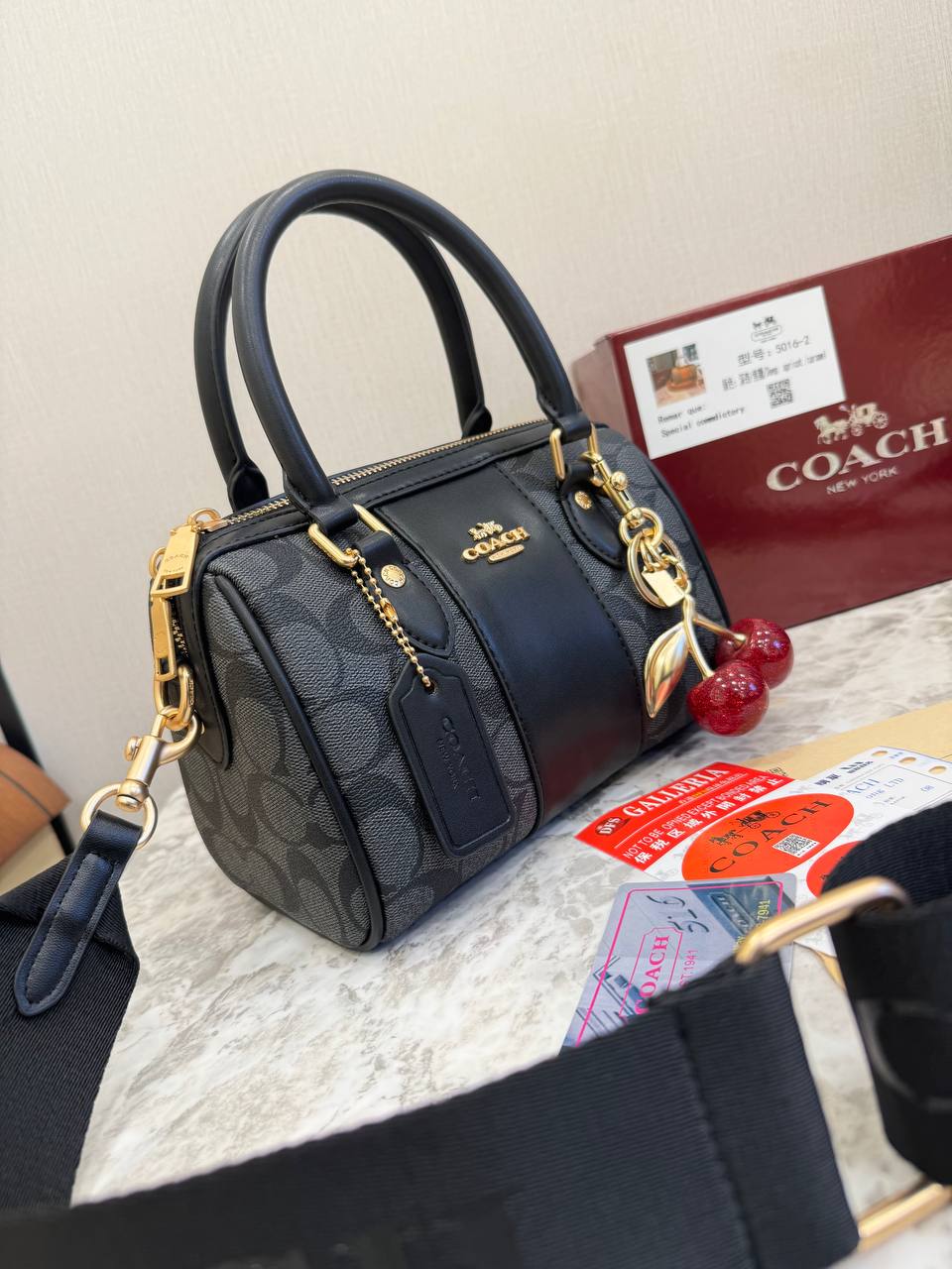 Coach Mini Rowan Bag in Signature Canvas with Cherry Charm