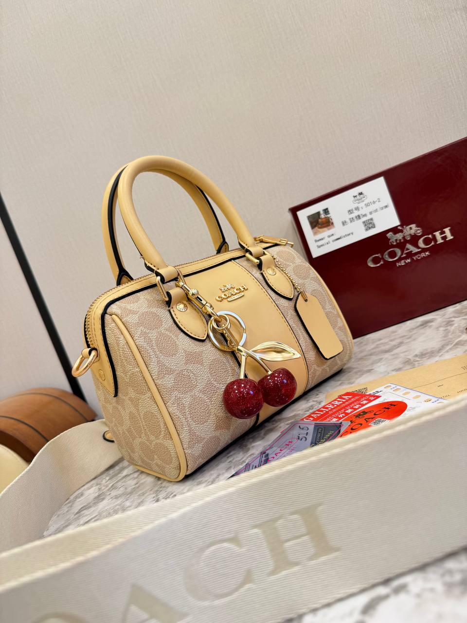 Coach Mini Rowan Bag in Signature Canvas with Cherry Charm