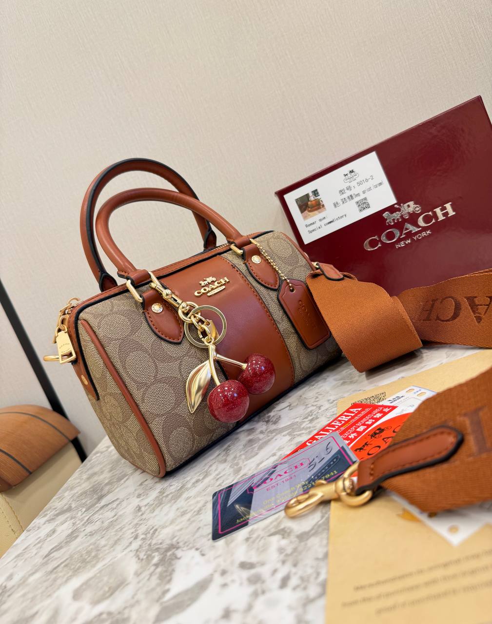 Coach Mini Rowan Bag in Signature Canvas with Cherry Charm