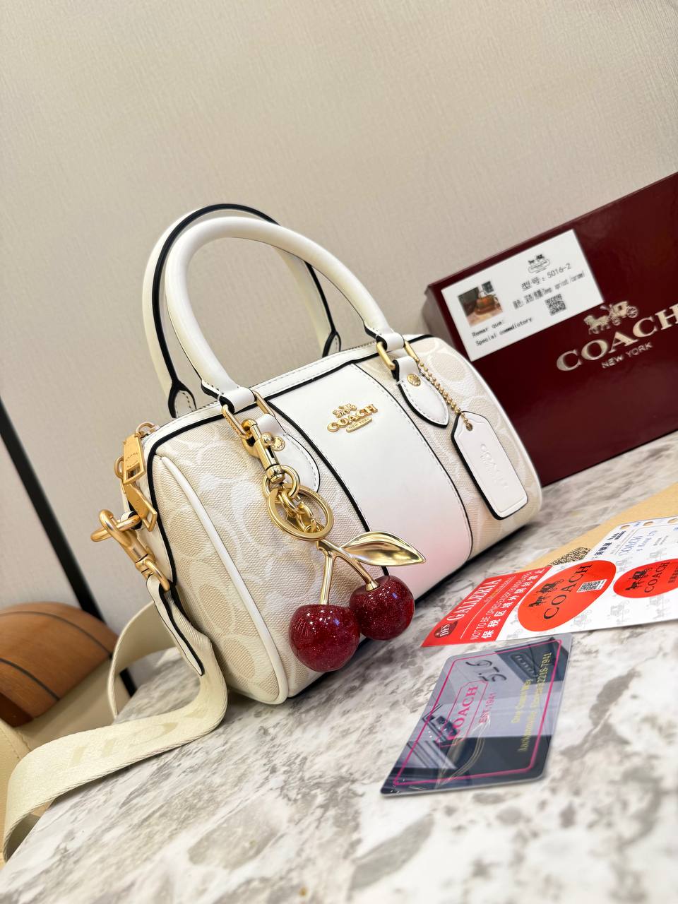Coach Mini Rowan Bag in Signature Canvas with Cherry Charm