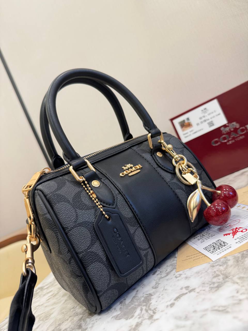 Coach Mini Rowan Bag in Signature Canvas with Cherry Charm