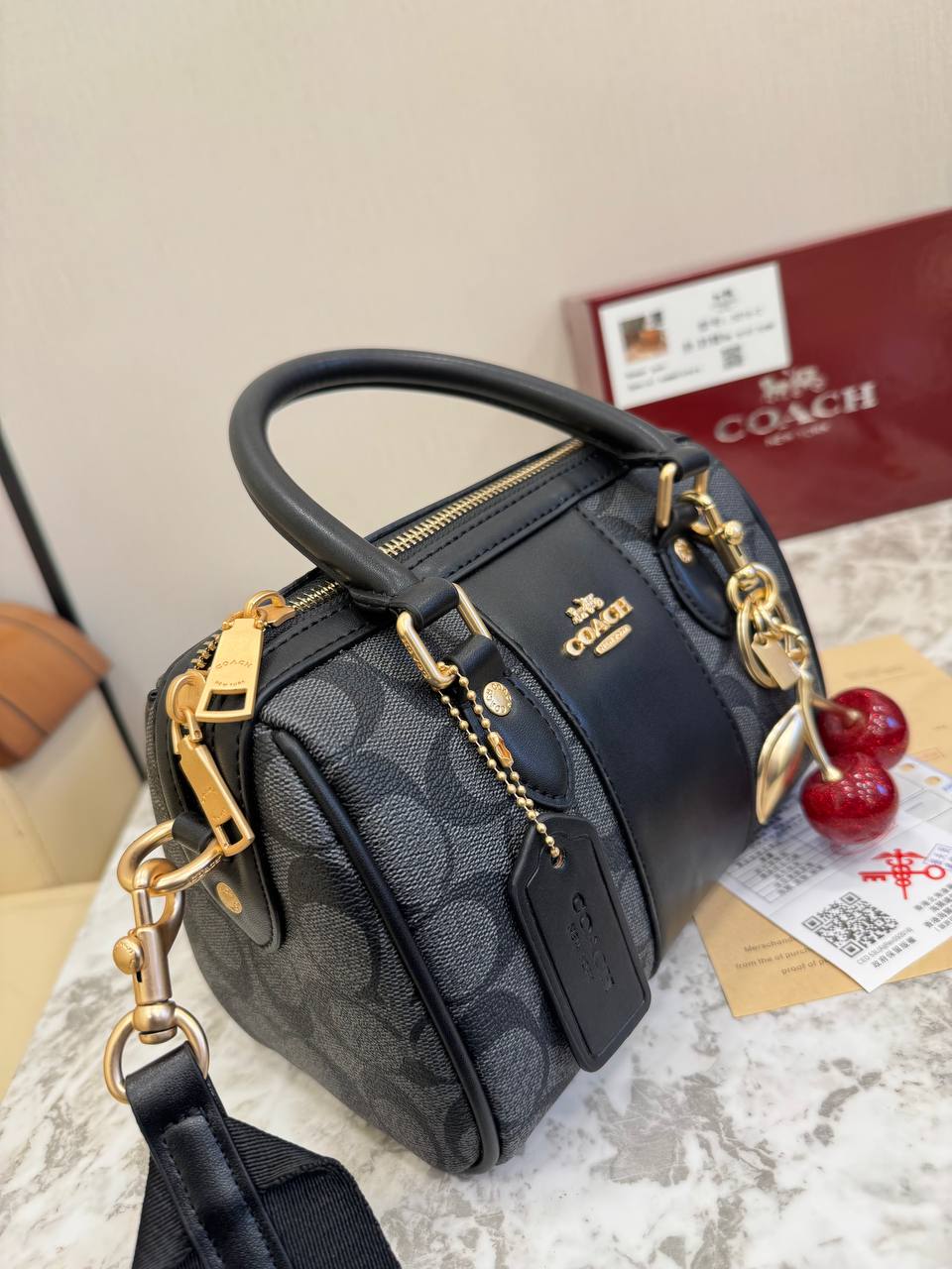 Coach Mini Rowan Bag in Signature Canvas with Cherry Charm