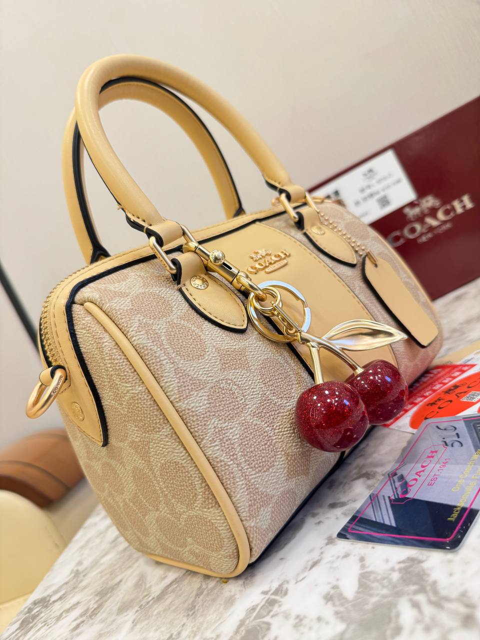 Coach Mini Rowan Bag in Signature Canvas with Cherry Charm
