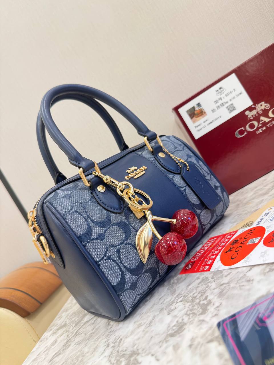 Coach Mini Rowan Bag in Signature Canvas with Cherry Charm