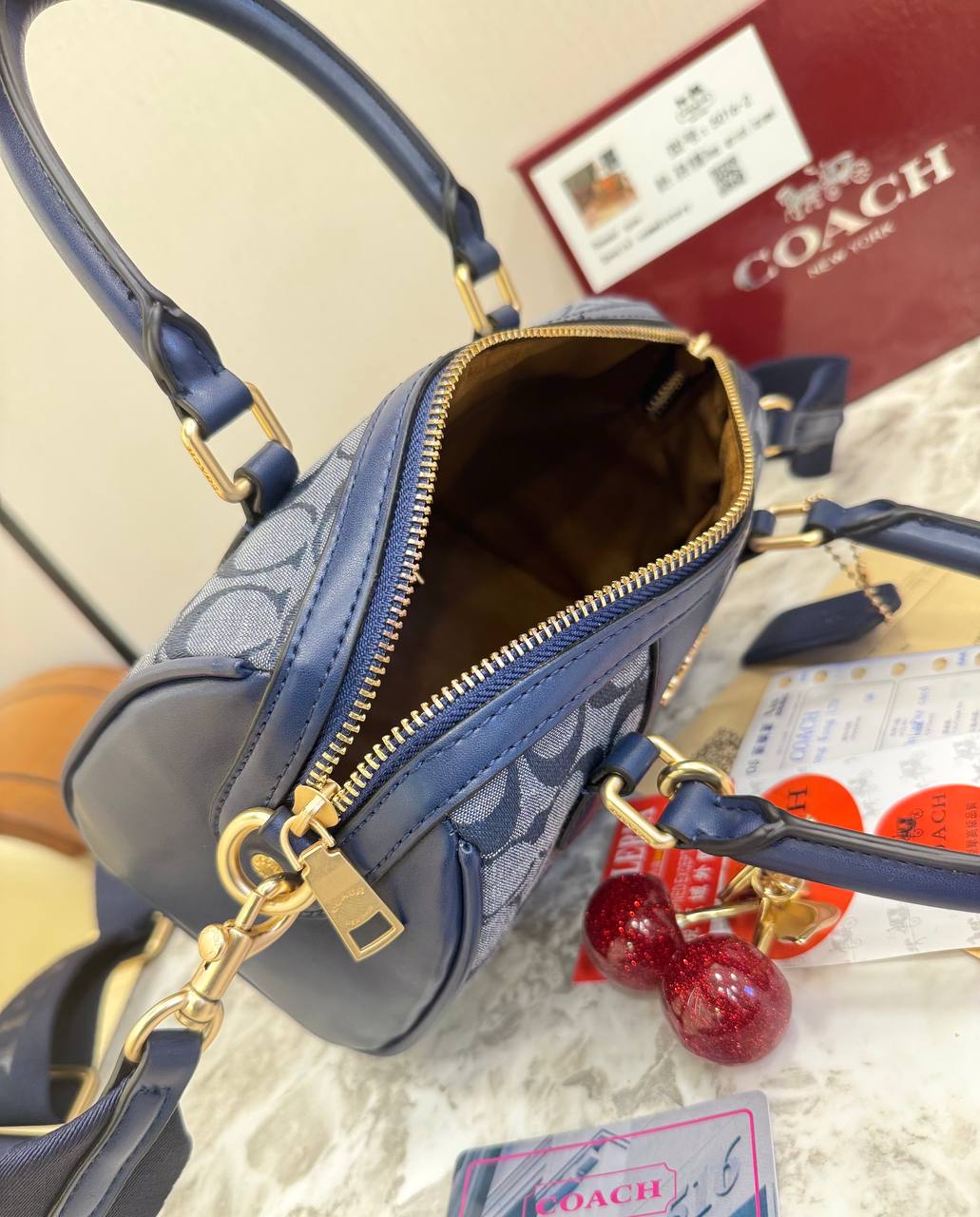 Coach Mini Rowan Bag in Signature Canvas with Cherry Charm