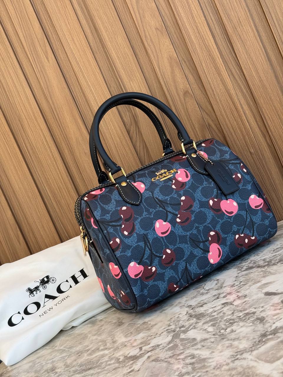 Coach Rowan Satchel in Signature Canvas with a cherry print