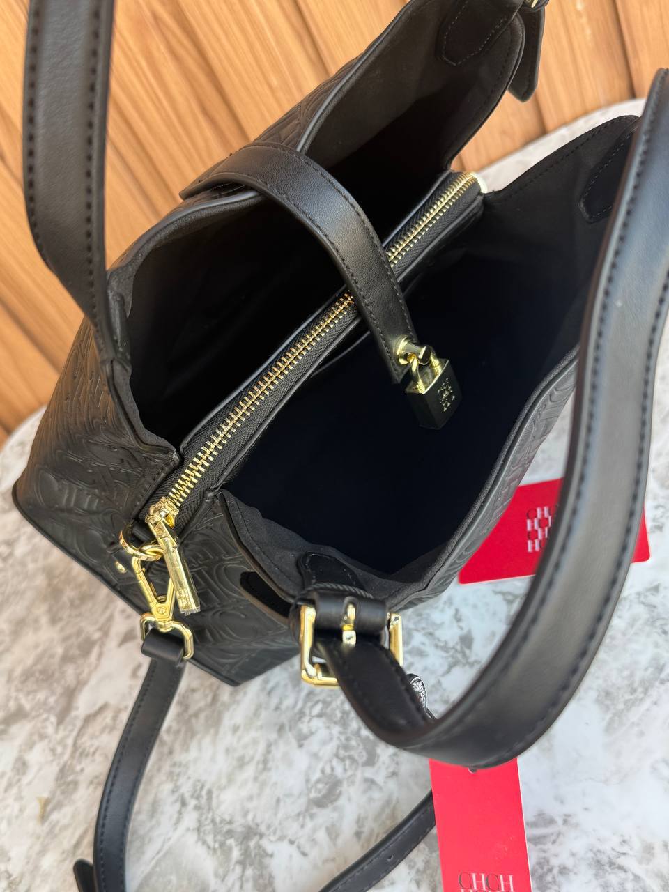 Carolina Herrera Monogram Embossed Leather Hobo Bag