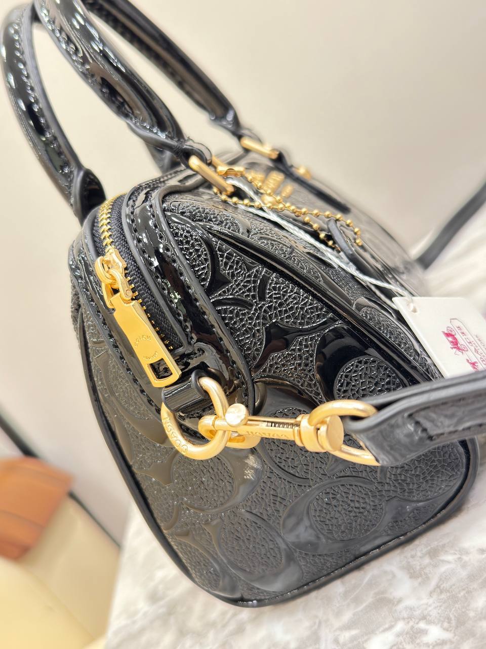 Coach Mini Rowan Satchel in Signature Embossed Patent Leather